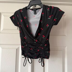 Forever 21 Jr Womens Small Black Cherry Print Ruched Drawstring V-Neck Wrap Top